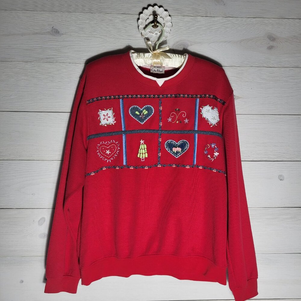 Vintage Women's Sweatshirt Quilted Applique Grannycore Holiday Cottagecore.